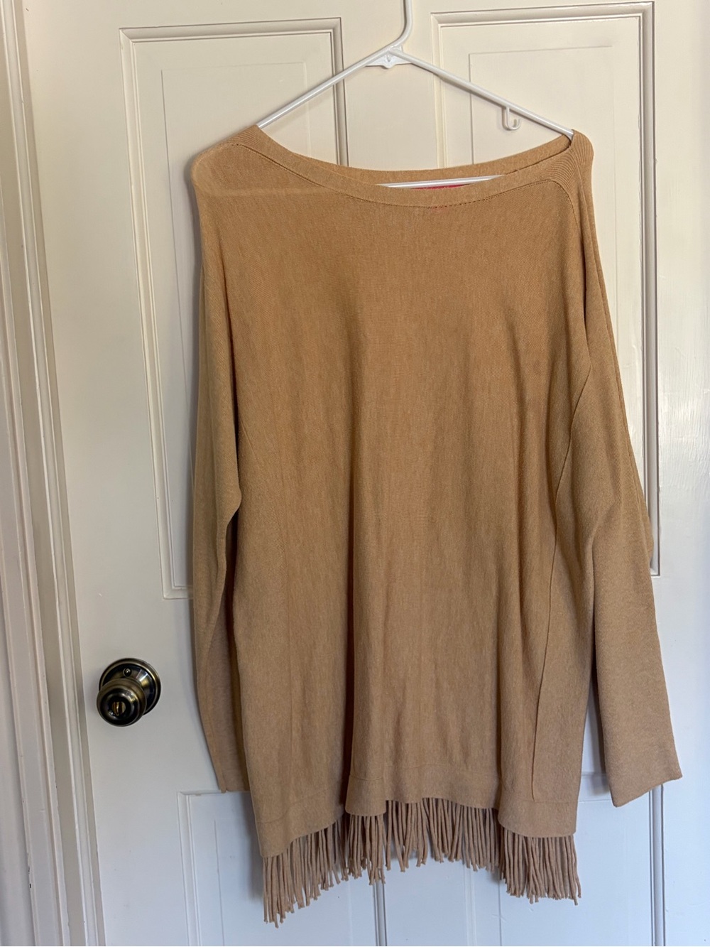 Lilly Pulitzer Tan Off-the-Shoulder Sweater with Fringe Hem